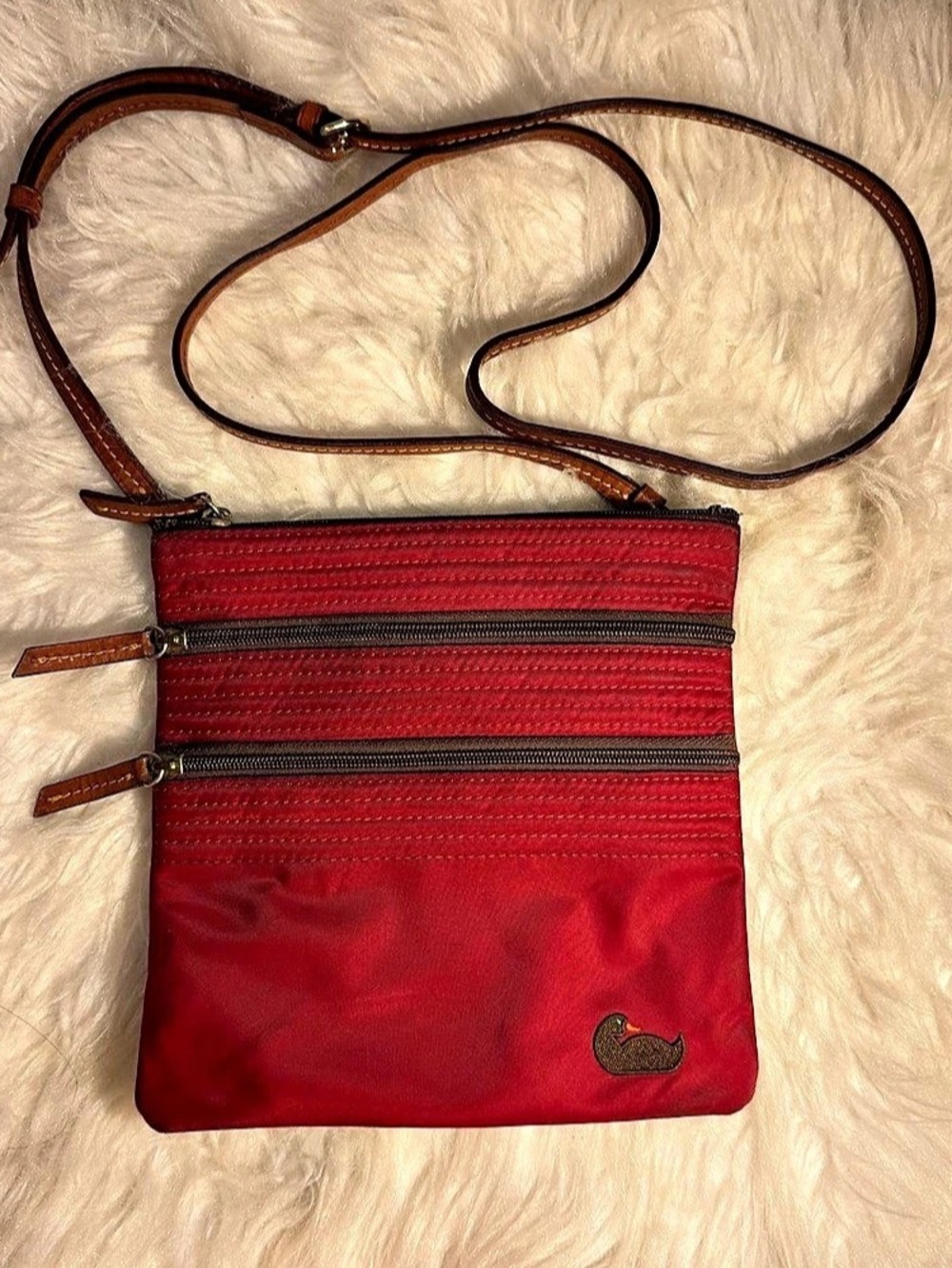 Dooney & Bourke Nylon North South Triple Zip Crossbody Red & Brown
